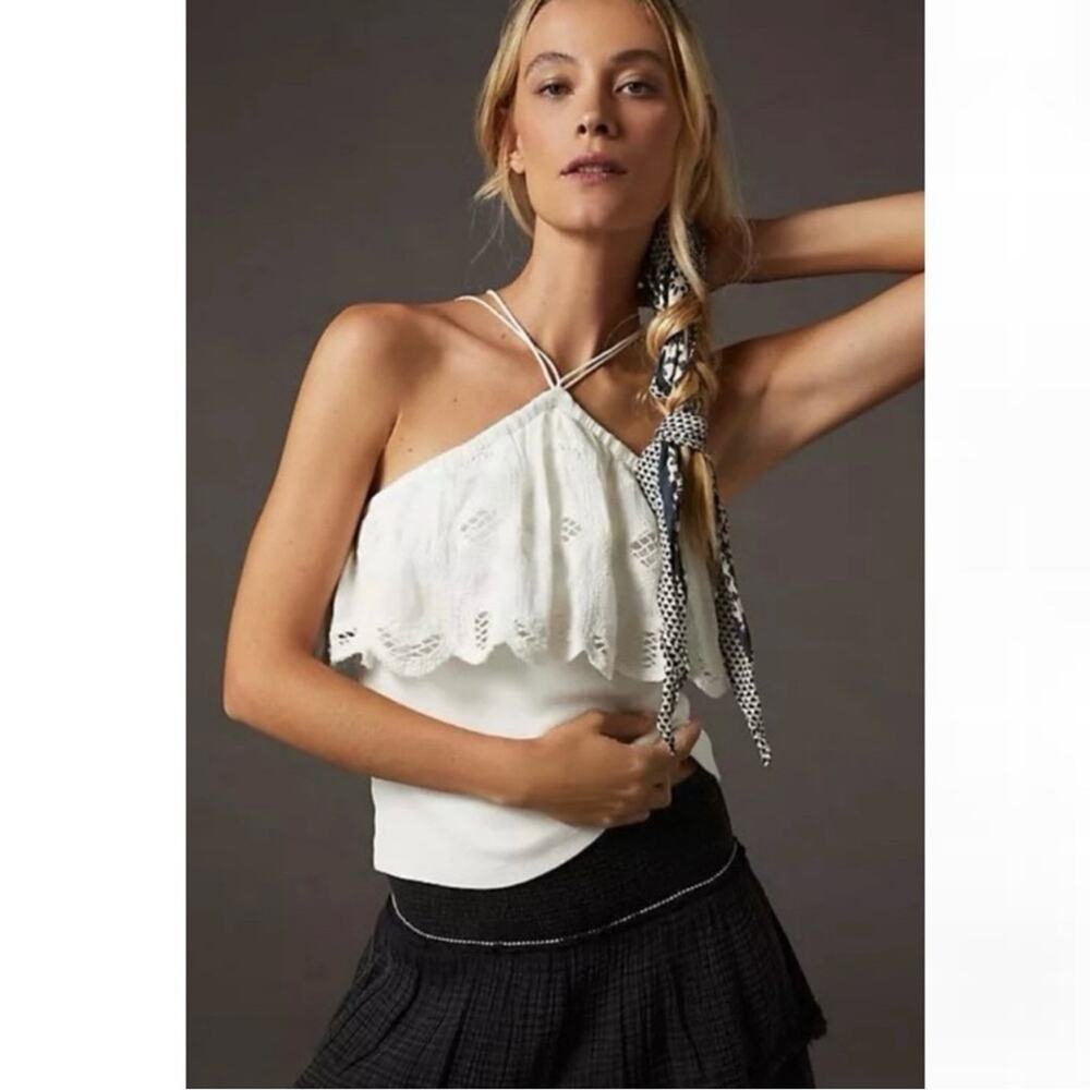 Anthropologie White Ruffled Halter Tank